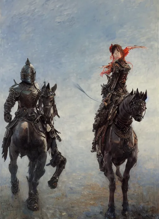 Image similar to portrait of one full body girl medieval chines armor and one metal horse poses by gaston bussiere, anna nikonova aka newmilky, greg rutkowski, yoji shinkawa, yoshitaka amano, tsutomu niehi, impressionism, monet,