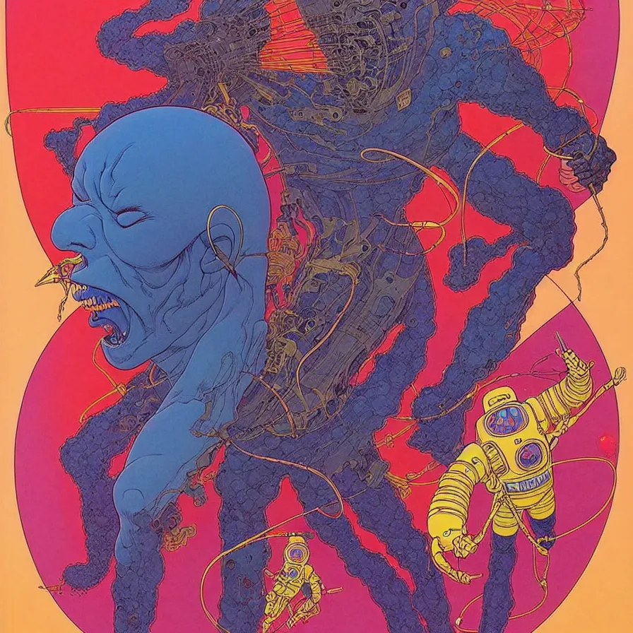 Image similar to ( ( ( ( the king of demons and the astronaut talking face to face ) ) ) ) by mœbius!!!!!!!!!!!!!!!!!!!!!!!!!!!, overdetailed art, colorful, artistic record jacket design