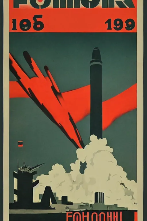 Image similar to ussr propaganda poster of 1 9 5 0 s nuclear war, futuristic design, dark, washed out color, centered, art deco, 1 9 5 0's futuristic, glowing highlights, intense