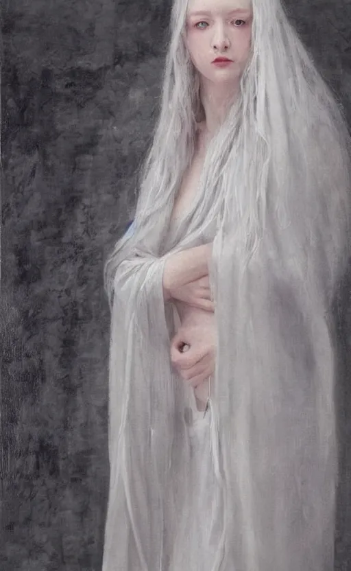 Image similar to who is this with silver hair so pale and wan! and thin!?, flowing robes, covered in robes, lone pale nordic goddess, wearing robes of silver, flowing, pale skin, young cute face, covered!!, clothed!! lucien levy - dhurmer, jean deville, oil on canvas, 4 k resolution, aesthetic!, mystery