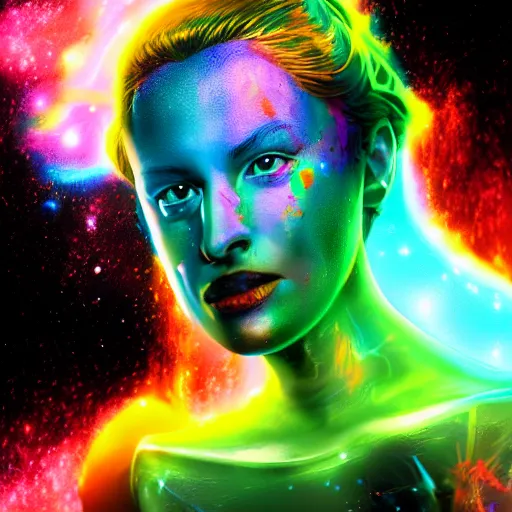 Image similar to improbability, octane render, portrait made of paint, splashes of colors, galaxy comic book art