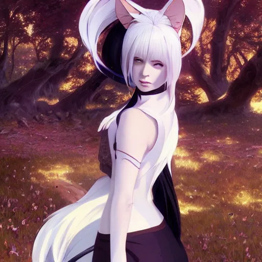 Prompt: a beautiful anime girl ( kate beckinsale ) with cat ears and tail, white hair, full body, matte painting, by greg rutkowski and ilya kuvshinov and alphonse maria mucha and matsumoto taiyou, super clear details, hyper realistic, trending on artstation, 8 k