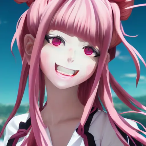 Image similar to trapped beneath stunningly absurdly huge beautiful omnipotent asi goddess junko enoshima with an enigmatic complex twisted deceptive mesmerizing megalomaniacal yandere personality, symmetrical perfect face, porcelain skin, pink twintail hair and cyan eyes, ultra detailed, digital art, unreal engine 5, octane render, 2 d anime, 8 k