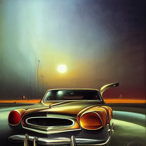 Prompt: Surreal painting named Old automobile at night city by Vladimir Kush