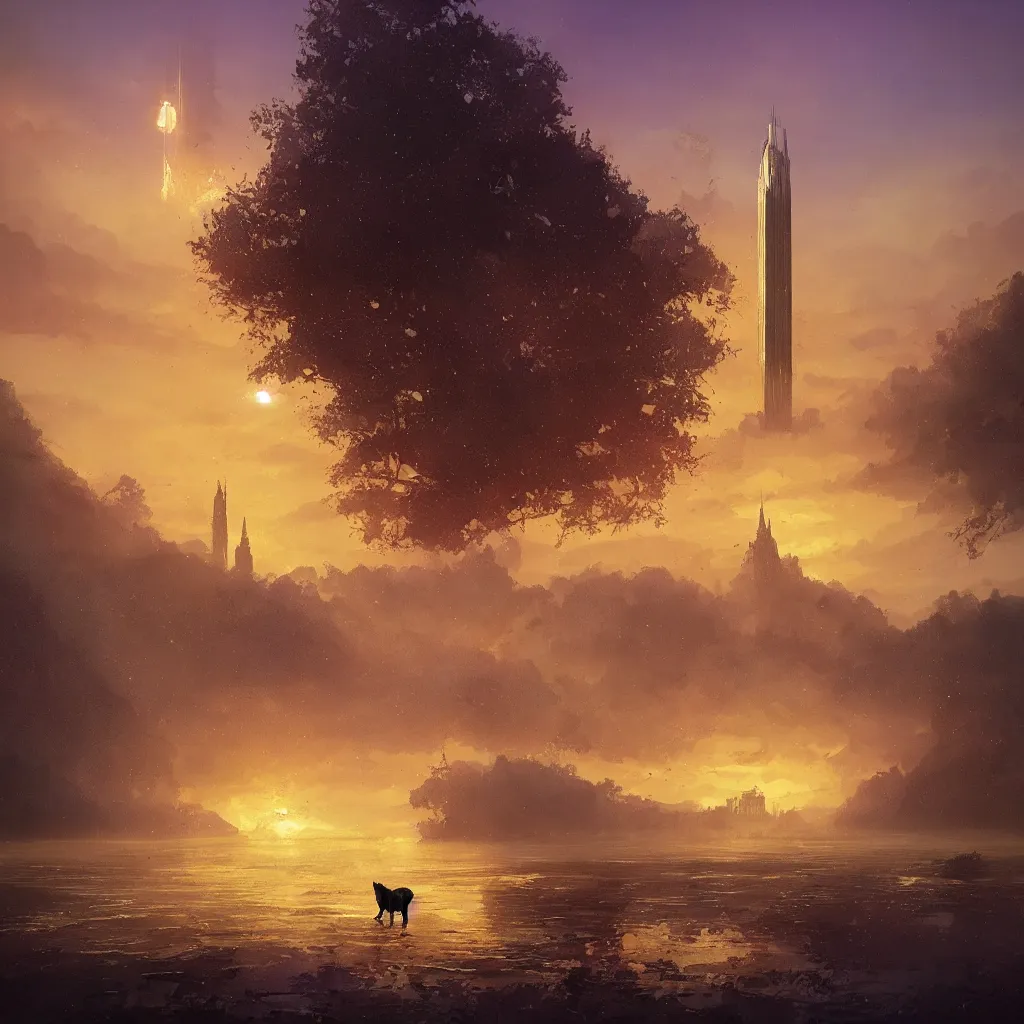 Prompt: lake filed with molten gold, volume lighting, cat on for ground and purple tower on back ground concept art, by greg rutkowski