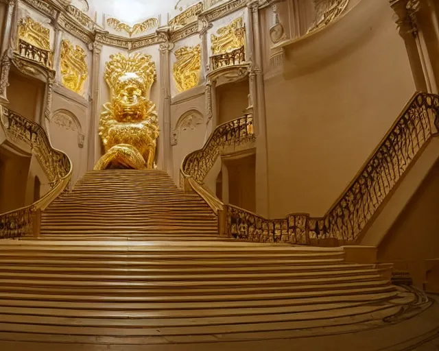 Image similar to city sized clay sculpture in a huge room. golden staircase that ascends towards the moon