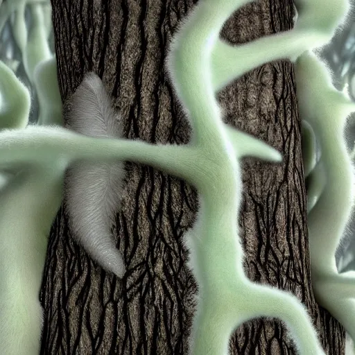 Image similar to bioluminescent white furry fungus growing on a dead tree, photorealistic, fungal, magic,