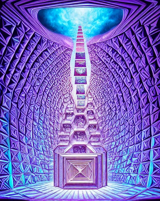 Image similar to detailed realistic geometric painting of a diorama of a mandelbulb white masonic temple inside of a hollow skull carved out of illuminating cyan light in the purple frozen tundra with ruy gems in ice double helix igloo stacked like jenga symmetry by alex grey