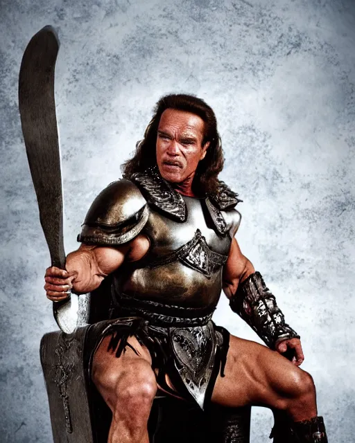 Prompt: arnold schwarzenegger as king conan, directed by john millius, photorealistic, sitting on a metal throne, wearing ancient cimmerian armor, a battle axe to his side, cinematic photoshoot in the style of annie leibovitz, studio lighting