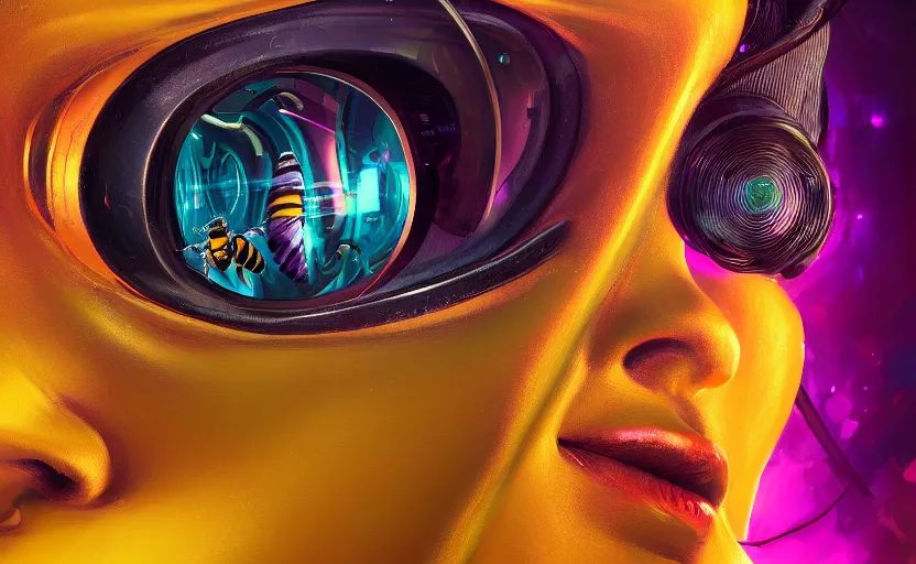 Image similar to closeup painting of bee, cyberpunk, portrait, hyperdetailed, artstation, cgsociety, 8 k, synthwave by tangerine dream