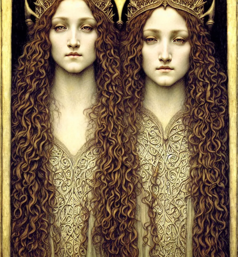 Image similar to detailed realistic beautiful young medieval queen face portrait by jean delville, gustave dore and marco mazzoni, art nouveau, symbolist, visionary, gothic, pre - raphaelite. horizontal symmetry