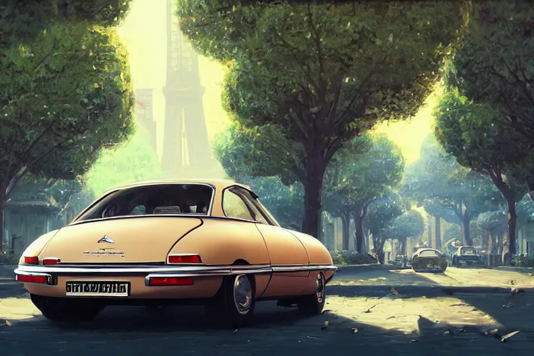 Image similar to a wholesome animation key shot of!! one!! focused! 1 9 7 4 citroen ds! in a tree lined paris street, medium shot, studio ghibli, ( pixar ) and disney animation, sharp, very detailed, high resolution, rendered in unreal engine 5, anime key art by greg rutkowski, bloom, dramatic lighting