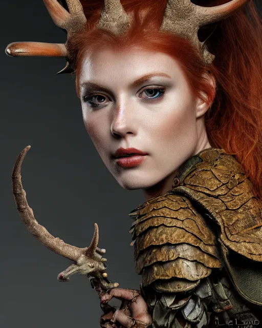 Image similar to 5 5 mm portrait photo of an armored redhead woman with ( antlers on her head ) and a an ( iguana on her shoulder ), by luis royo. highly detailed 8 k. intricate. lifelike. soft light. nikon d 8 5 0. cinematic post - processing