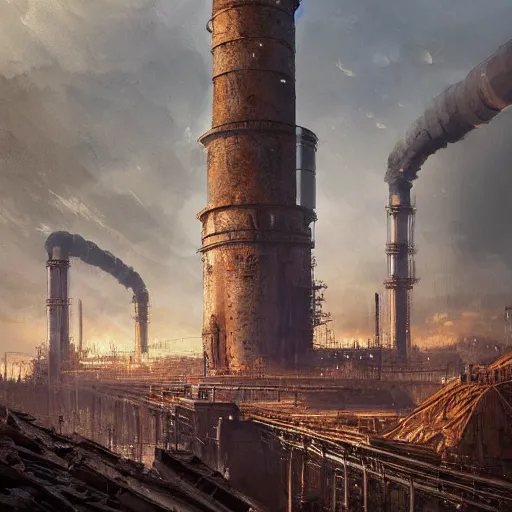 Image similar to highly detailed concept art of monumental chimney of the huge steelworks in the steampunk city center trending on Artstation by Daniel Dociu and Greg Rutkowski, high quality, dieselpunk, architecture, frostpunk, pollution and smoke, rusty