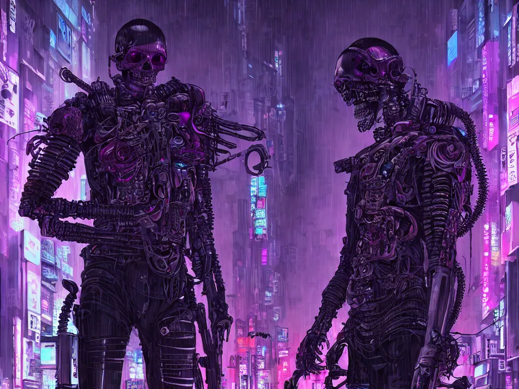Image similar to high detailed dead android skull samurai in a cyberpunk rainy city at night by Josan Gonzalez, purple and blue neons, unreal engine, high quality, 4K, UHD, trending on ArtStation, wires, blade runner vibes, ghost in the shell, akira, dorohedoro