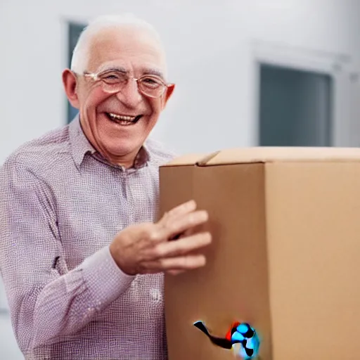 Image similar to an excited old man opening an amazon package full of diamonds