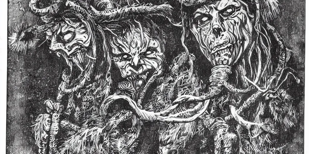 Image similar to scan of book with intricate ink drawings of tyrolean folklore masks, krampus, scary dark, dark ink, old paper