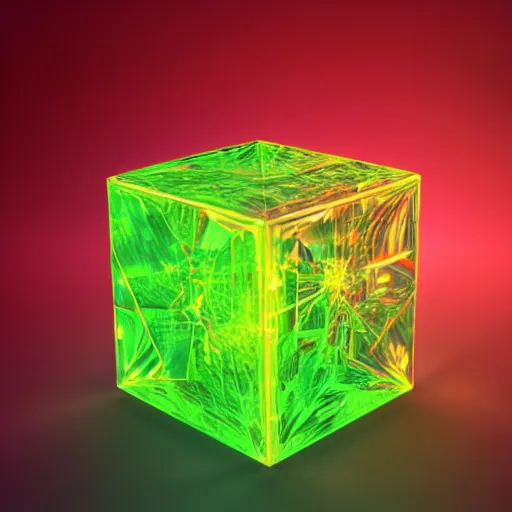 Image similar to 3 d render of an ultrarealistic photograph of a very clear and crystal cube with a high - powered laser shooting light into the cube and dispersing full spectrum rainbow light beautifully into onto the surrounding surfaces, light dispersion, light effects, 3 d render, octane render, luxcore render, visual caustics, light dispersion, 8 k