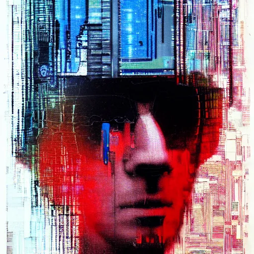 Prompt: portrait of a hooded character wearing a cyberpunk visor, digital ui, by Guy Denning, by Johannes Itten, glitch art, hacking effects, glitch effects, chromatic, color blocking, oil on canvas, concept art, abstract