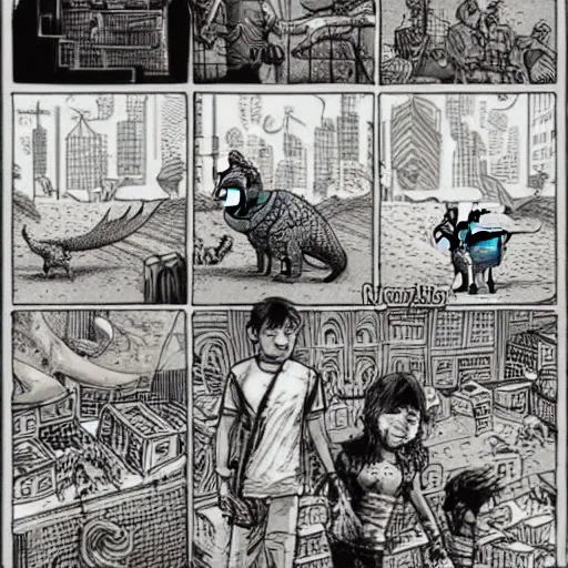 Image similar to intricate detailed comic style illustration of cyborg punk street kids with a pet dinosaur in a warehouse rave, no speech bubbles, dystopian, cyberpunk