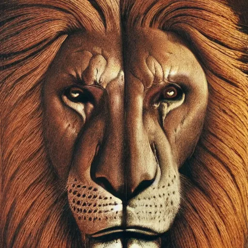 Image similar to morph of four faces : man, lion, eagle, bull. drawn by zdzislaw beksinski