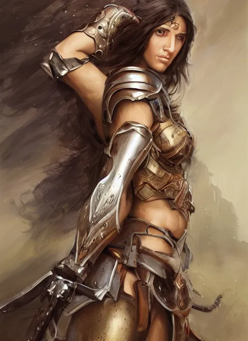 Image similar to a professional painting of an attractive young girl, partially clothed in battle armor, olive skin, long dark hair, beautiful bone structure, perfectly proportioned, nubile body, symmetrical facial features, intricate, elegant, heroic pose, digital painting, concept art, smooth, sharp focus, finely detailed, from Warhammer, by Ruan Jia and Mandy Jurgens and Artgerm and William-Adolphe Bouguerea