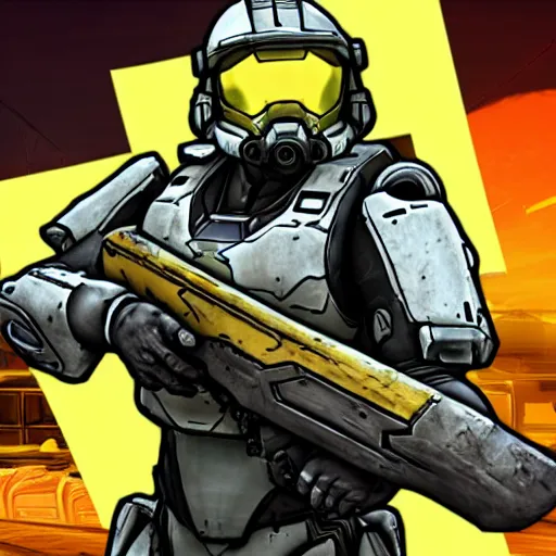 Prompt: master chief in the style of borderlands