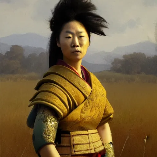 Image similar to female samurai standing in a field in the style of Ruan Jia, golden hour