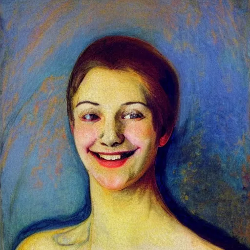 Prompt: representation of a young woman with a happy face in the year 1990 by Dmitri Vrubel