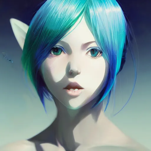 Image similar to portrait of anime pixie character with blue to green gradient hair, manga cover, highly detailed, digital painting, artstation, concept art, sharp focus, illustration, strong brush stroke, anime, art by greg rutkowski, ilya kuvshinov, sharp focus, ghibli studio, art by ilya kuvshinov, rossdraws