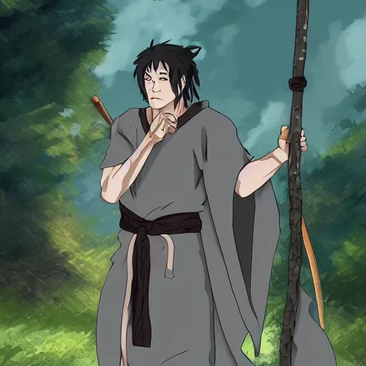 Image similar to A Half-orc Druid wearing a long grey fur robe, holding a wooden staff, anime style