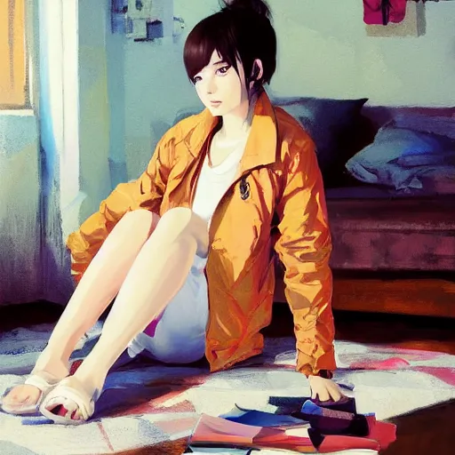 Image similar to A ultradetailed beautiful panting of a stylish girl sitting on the floor of a messy apartment, she is wearing an oversized jacket, Oil painting, by Ilya Kuvshinov, Greg Rutkowski and Makoto Shinkai