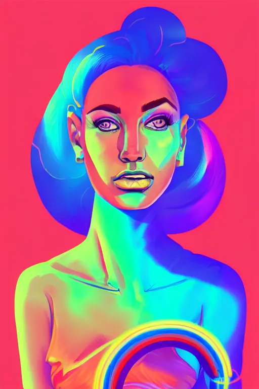 Image similar to a award winning portrait of a beautiful woman with stunning eyes in a one off shoulder croptop and cargo pants with rainbow colored hair, outlined by whirling illuminated neon lines and fine lines swirling in circles by james gilleard, digital art, trending on artstation