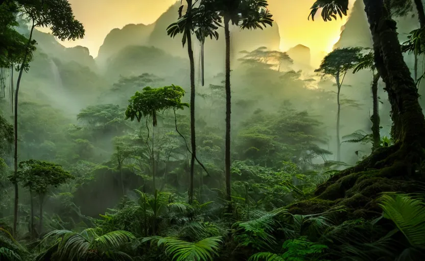 Image similar to a beautiful render of a dark prehistoric rainforest, lush flora, patches of sky, sunset, mountains and a waterfall in the background, intricate detail, hazy, humid, volumetric lighting, 8 k, photorealistic, raytracing effects, unreal engine 5