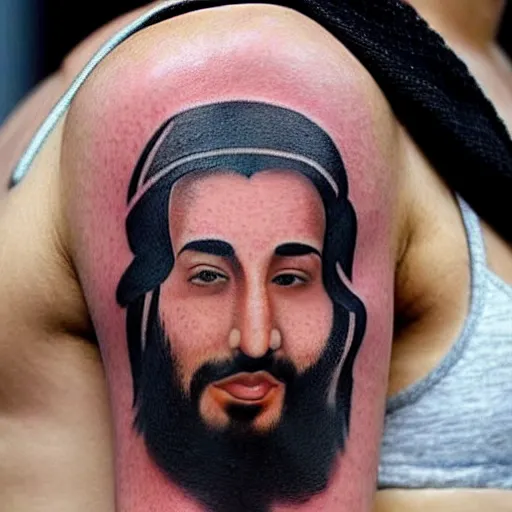 Prompt: a tattoo of a mohammed bin salman