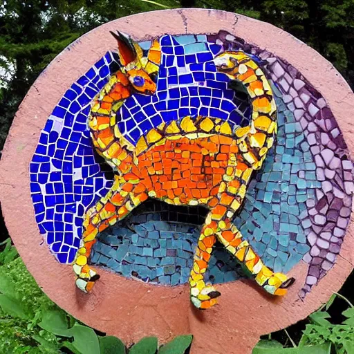 Image similar to mosaic sculpture of a alebrije chimera!!!, irregularly shaped mosaic tiles, hand glazed pottery shards, in the style of folk art, in a cottagecore flower garden