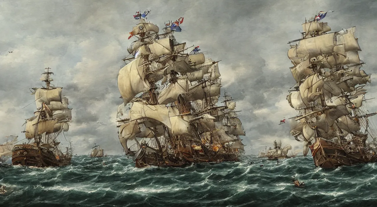 Prompt: pirate ship battling against a royal navy warship, art, high detail, high definition,