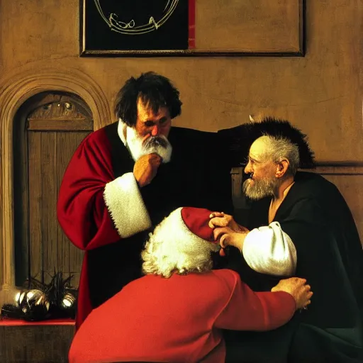 Prompt: Father Christmas arguing with Professor Brian Cox Painted by Caravaggio