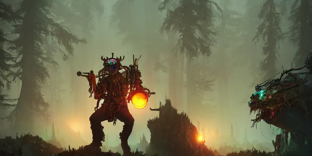Prompt: woodsman wearing a steampunk and neonpunk mechanical fluorescent mystical animal mask in strange misty mountain landscape. fight with night monsters, night, realism in style of fornite game, 4 k, octane render, artwork by tooth wu and wlop and beeple and greg rutkowski, ambient occlusion