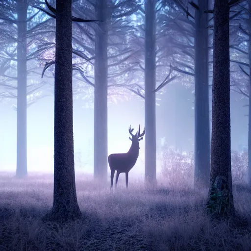 Image similar to furry deer in misty forest, night, glow, 4 k photorealistic, cinematic, hyper realism, high detail, octane render, unreal engine 5