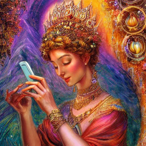 Image similar to a goddess checking her phone by senior concept artist josephine wall, high resolution trending on art station