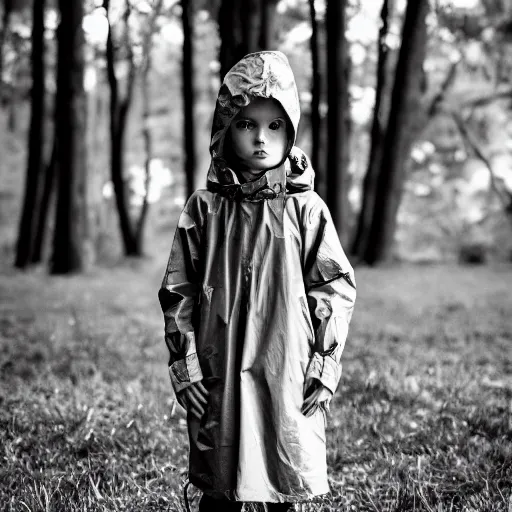 Image similar to stunning portrait photography of A sad child wearing boots, leggings and a raincoat, near forest, outdoors, dark from national geographic award winning, large format dramatic lighting, taken with canon 5d mk4, sigma art lens, monochrome