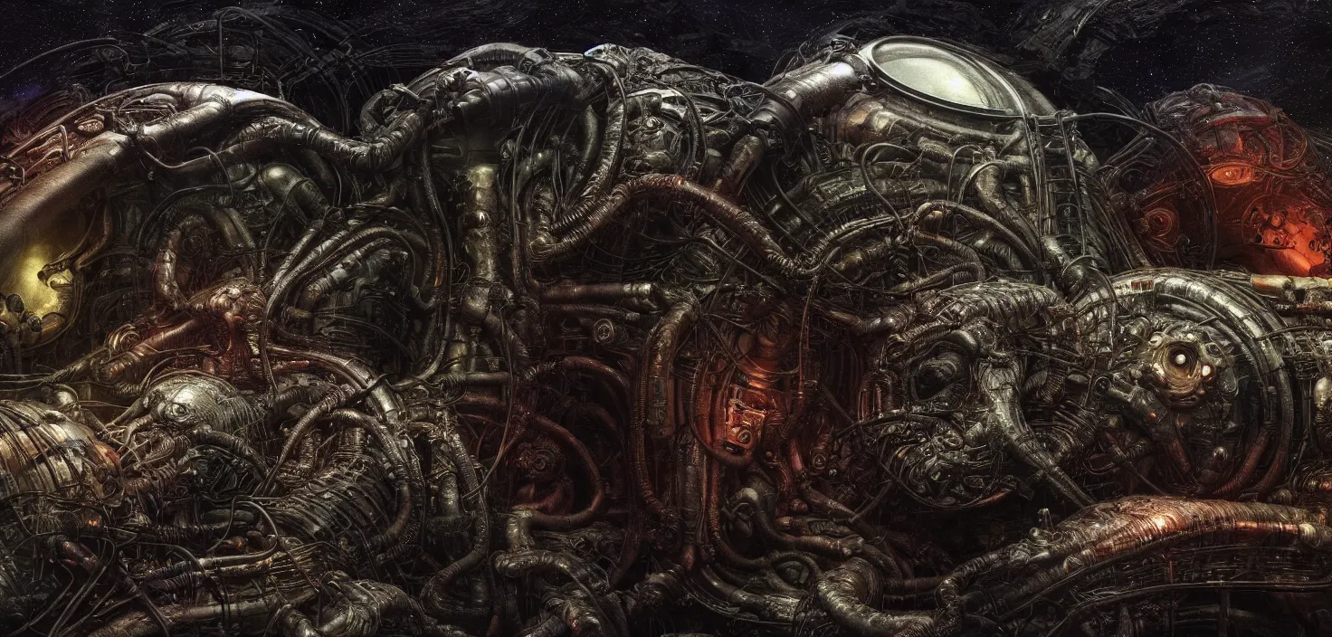 Image similar to Prometheus hibernation capsule biological sci-fi environment set close-up, hibernation capsule close-up, in a nightmarish universe of odd forms and somber tapestry, HR Giger and Vincent Di Fate, vivid color scheme, featured in artstation, octane render, cinematic, elegant, intricate, 8k