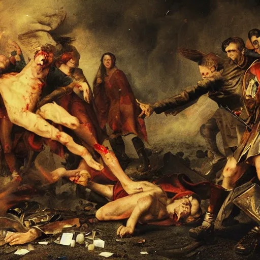 Prompt: a very high resolution image of the aftermath of a very bloody battle between the devil and god