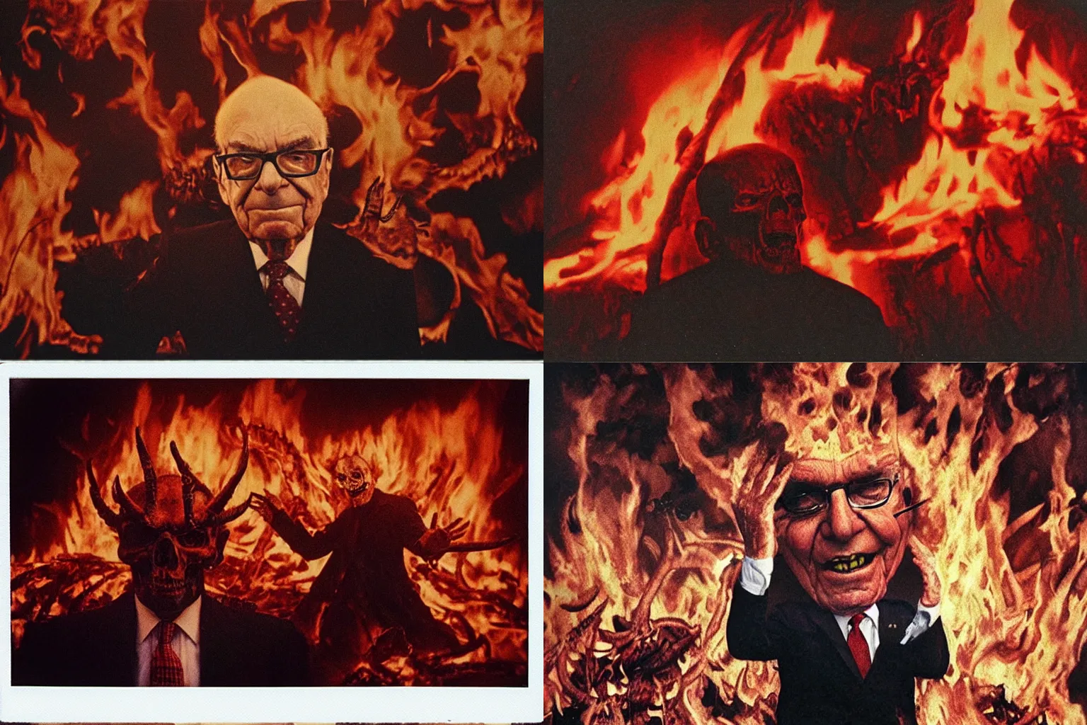 Prompt: Rupert Murdoch as Satan in hell surrounded by fire and flames and brimstone and skulls, ultra realism, polaroid photograph taken by Annie Leibovitz, cinematic depth