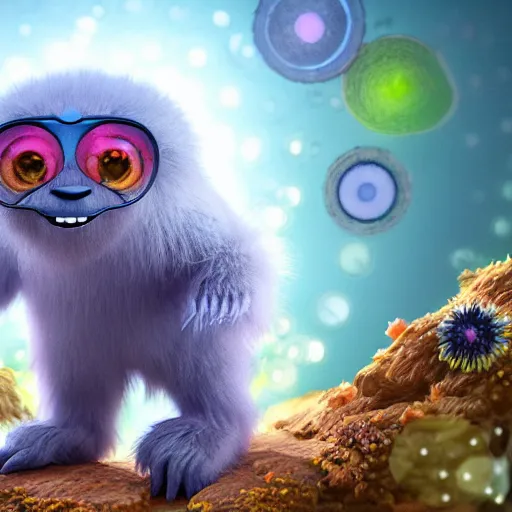 Image similar to tiny yeti cub, expressive eyes, floating, rbc, radiolaria, protophyta, micro - organisms, center frame, symmetric, rim light, marine microbiology, bioluminescence, electric, fur, soft, concept art, intricate details, highly detailed, colorful, photorealistic, disney pixar, octane render, iridescent, anime