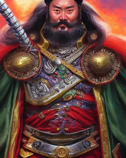 Image similar to guan yu as a superhero portrait | highly detailed | very intricate | symmetrical | whimsical and magical | soft cinematic lighting | award - winning | closeup portrait | doll | painted by donato giancola and mandy jurgens and ross tran | pastel color palette | featured on artstation