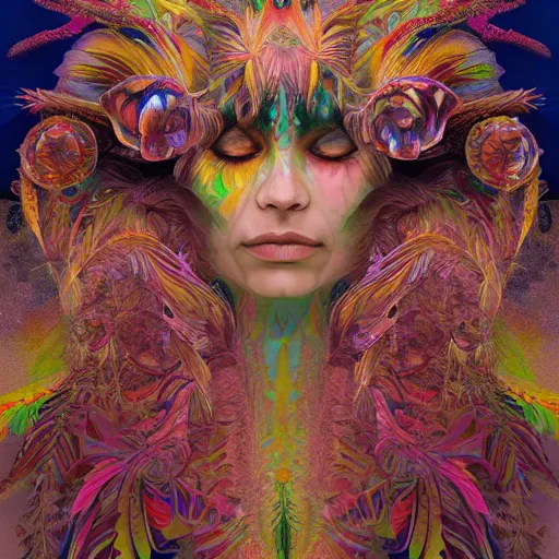 Image similar to A reality bending psychedelic ayahuasca experience, colorful, distorted, surreal, tropical bird feathers, dramatic lighting on the face, intricate, elegant, highly detailed, digital painting, concept art, smooth, sharp focus, illustration, art by Krenz Cushart and Wayne Barlowe and alphonse mucha