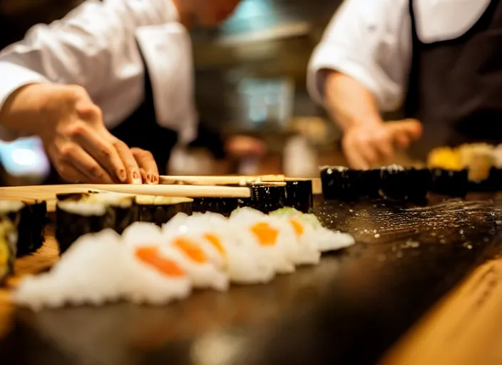 Prompt: a 2 8 mm macro photo from the back of a sushi chef preparing sushi in a commercial kitchen, splash art, movie still, bokeh, canon 5 0 mm, cinematic lighting, dramatic, film, photography, golden hour, depth of field, award - winning, anamorphic lens flare, 8 k, hyper detailed, 3 5 mm film grain