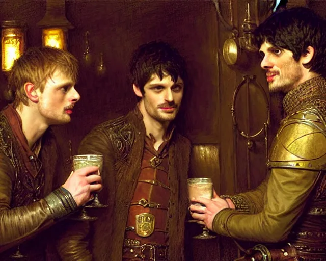 Prompt: bradley james as arthur pendragon and colin morgan as merlin go to a pub together to have some drinks. highly detailed painting by gaston bussiere, greg rutkowski, j. c. leyendecker 8 k